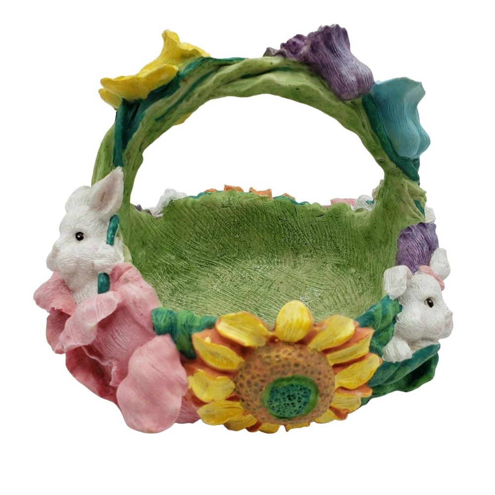 Vintage Resin Easter Bunny Basket with Flowers Sunflowers GREAT Details Colorful - Picture 1 of 9